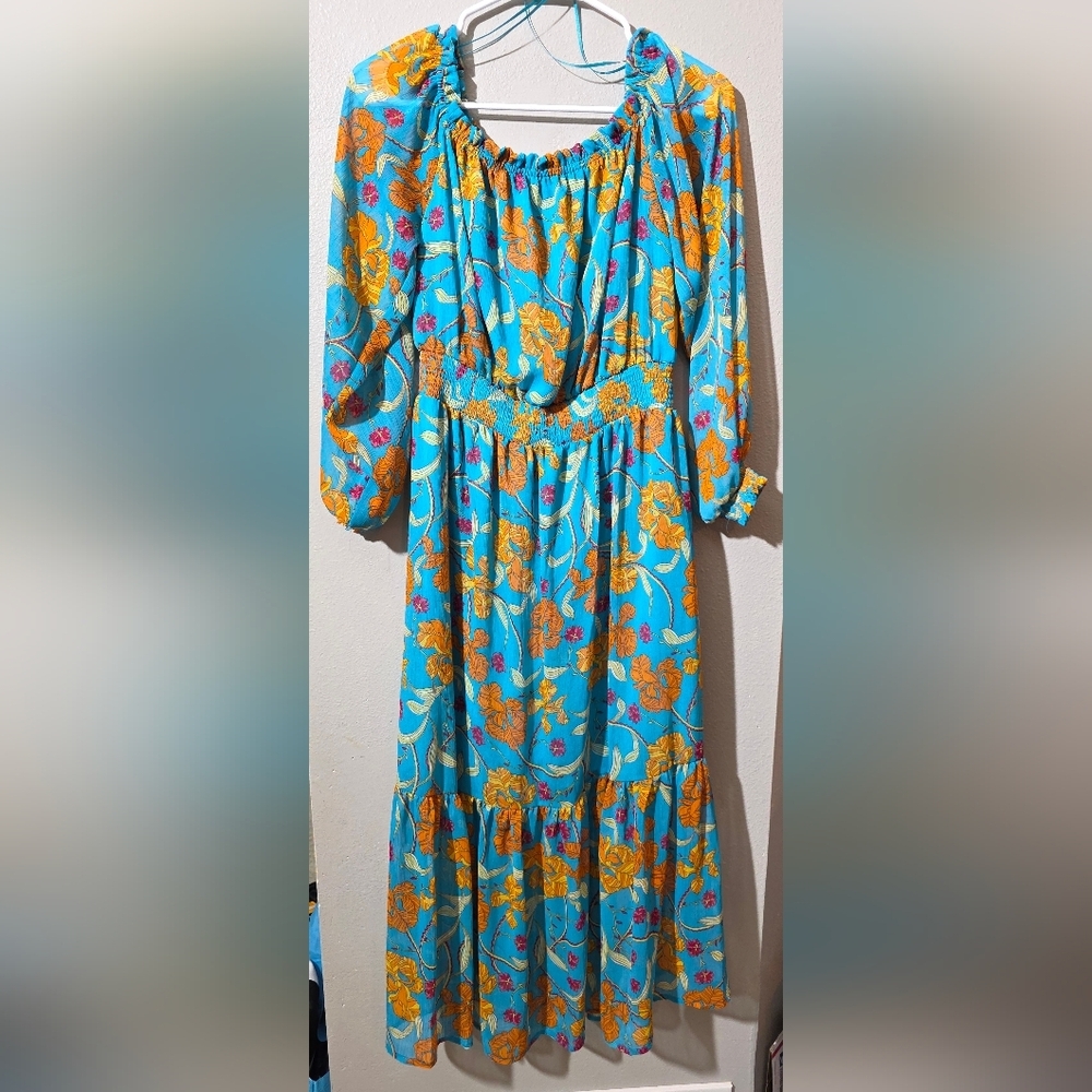 Sofia Jeans by Sofia‎ Vergara Floral Maxi Dress Tiered Blue Orange Large L